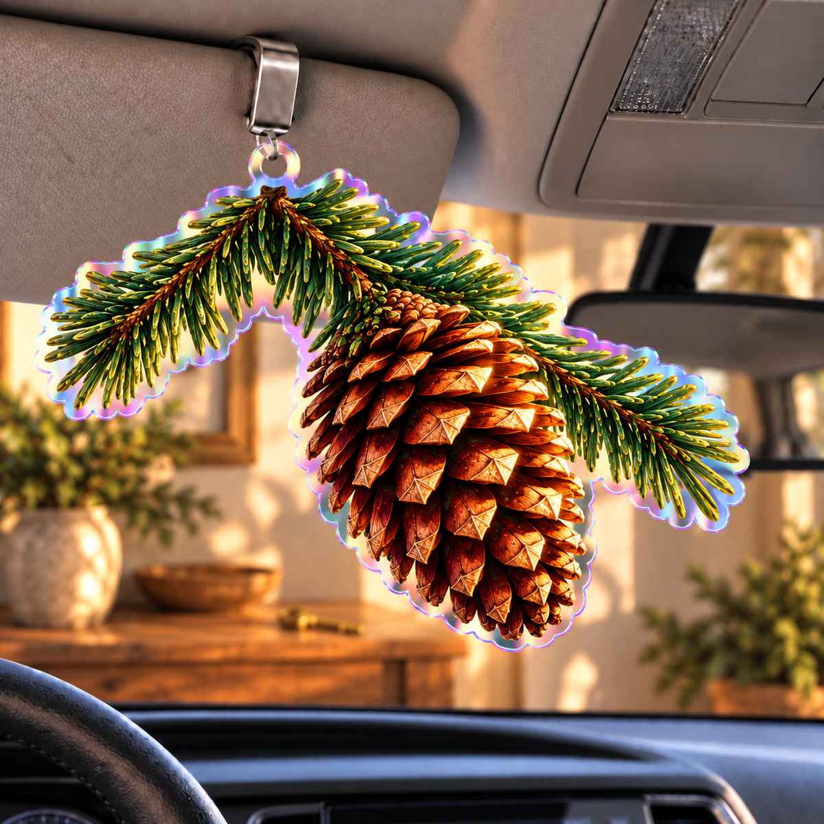 Pinecone Welcome Home Holographic Car Visor Clip with printed optical 3D artwork in its use setting