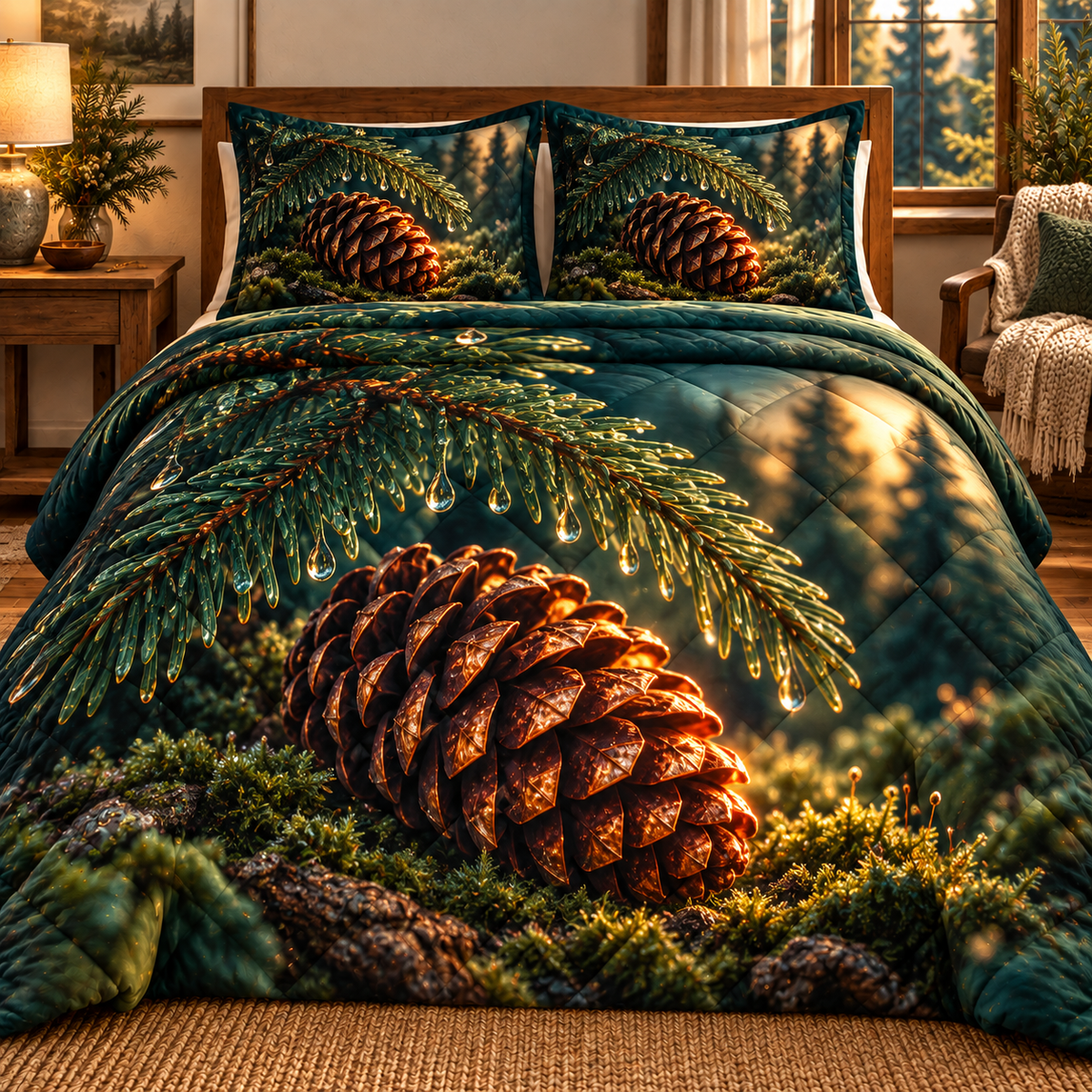 Pinecone Quiet Corner Quilted Bedding Set with printed optical 3D artwork in its use setting