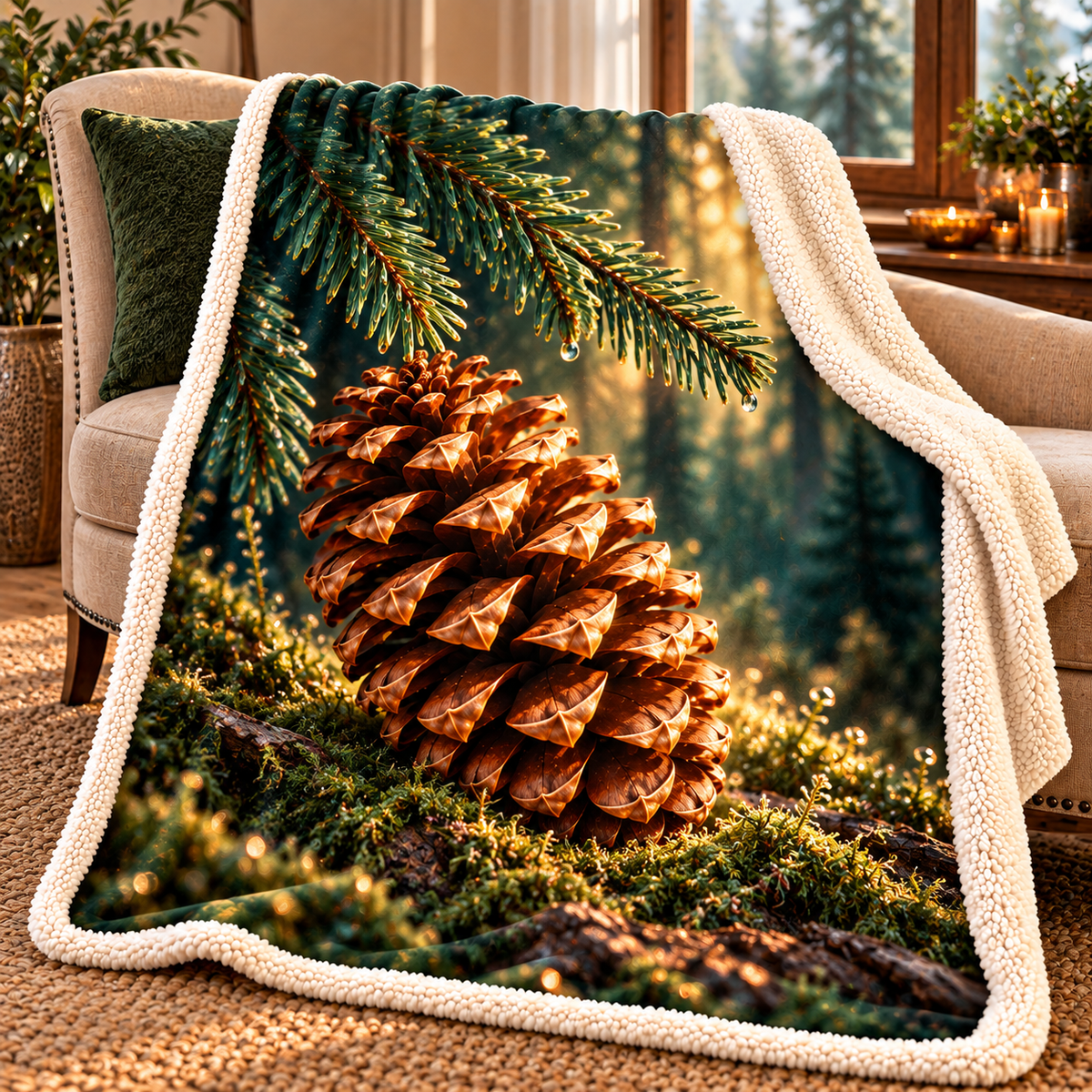 Pinecone Quiet Corner Sherpa & Fleece Blanket with printed optical 3D artwork in its use setting