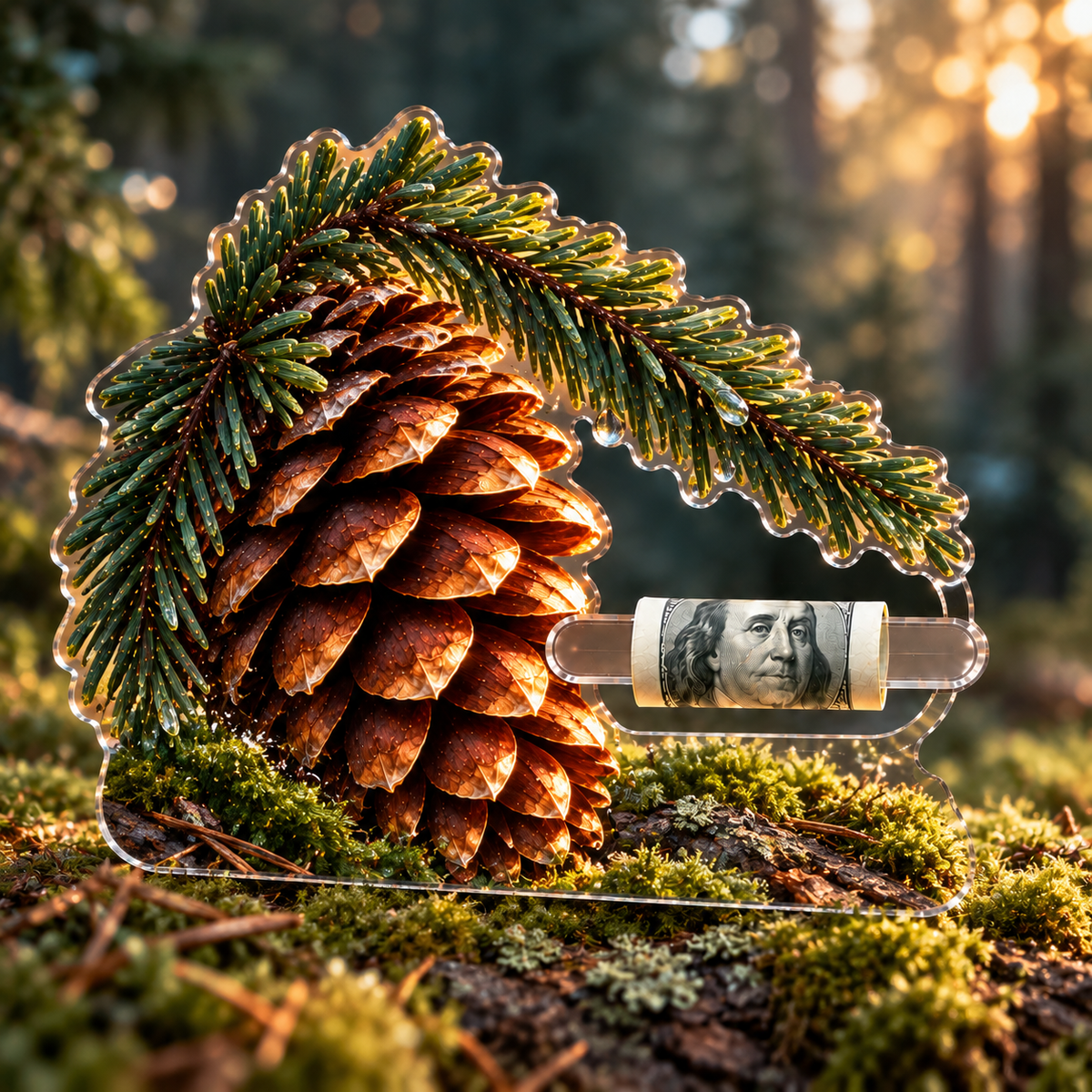 Pinecone Quiet Corner Acrylic Cash Holder Ornament with printed optical 3D artwork in its use setting