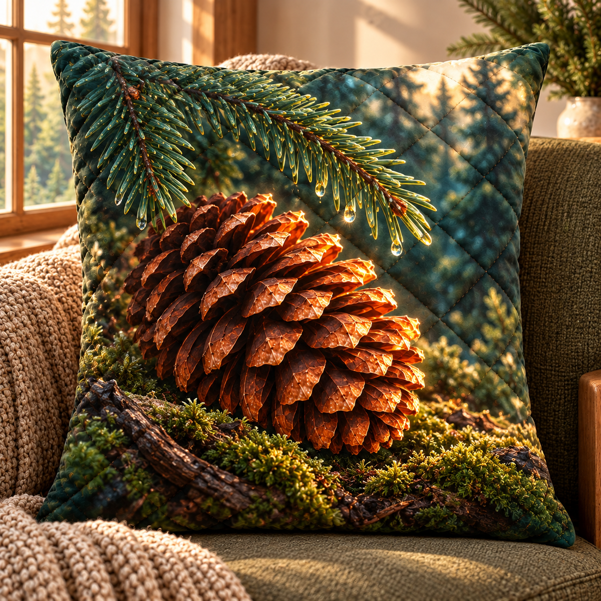 Pinecone Quiet Corner Quilted Cushion Cover with printed optical 3D artwork in its use setting