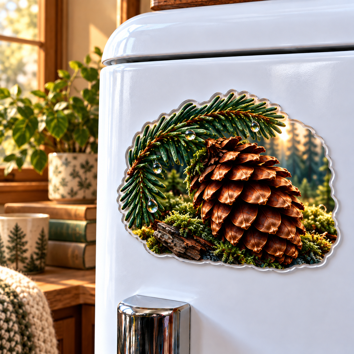 Pinecone Quiet Corner Acrylic Refrigerator Magnet with printed optical 3D artwork in its use setting