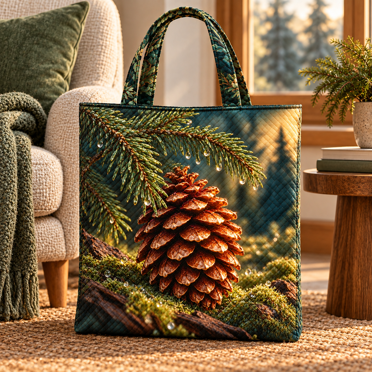 Pinecone Quiet Corner Quilted Tote Bag with printed optical 3D artwork in its use setting