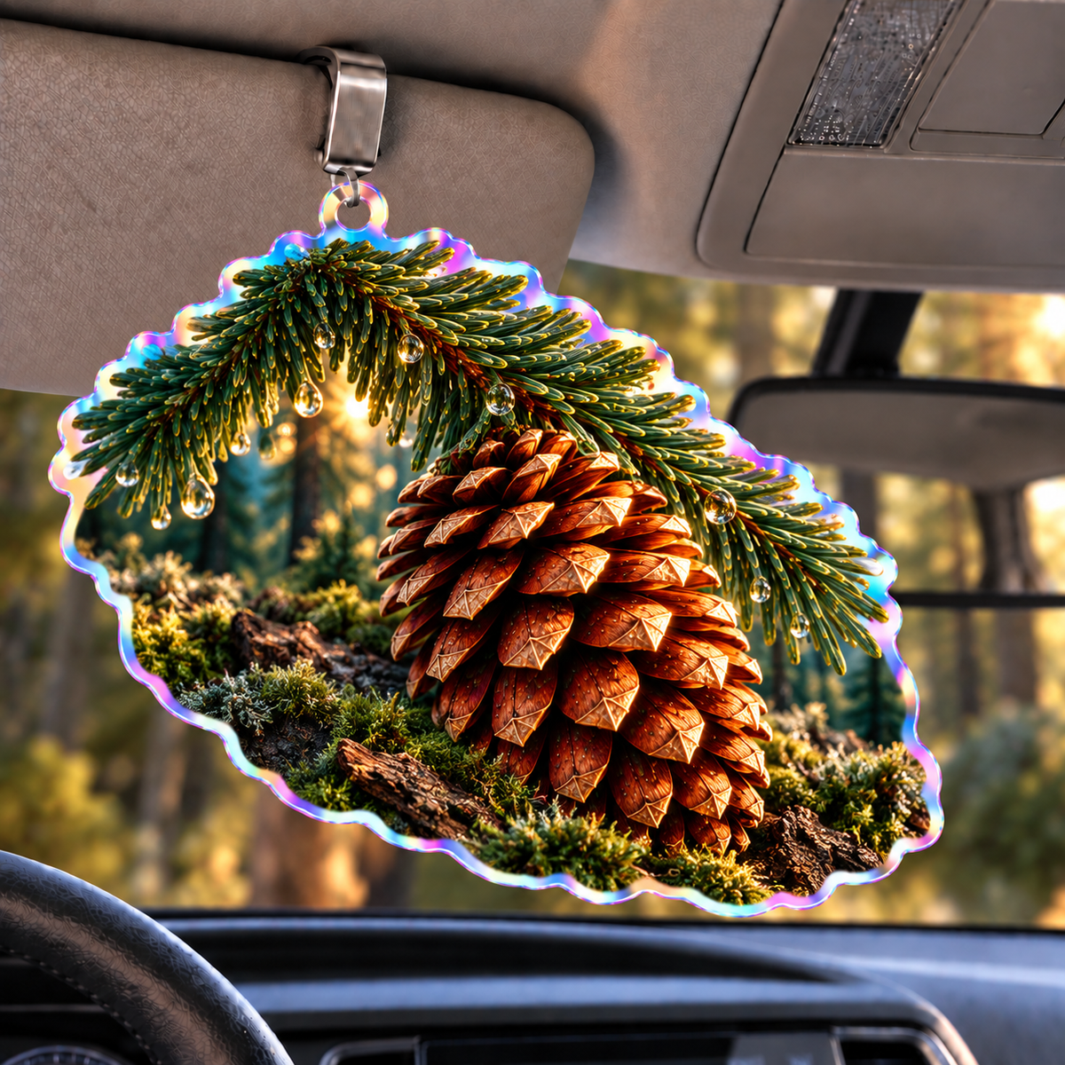 Pinecone Quiet Corner Holographic Car Visor Clip with printed optical 3D artwork in its use setting