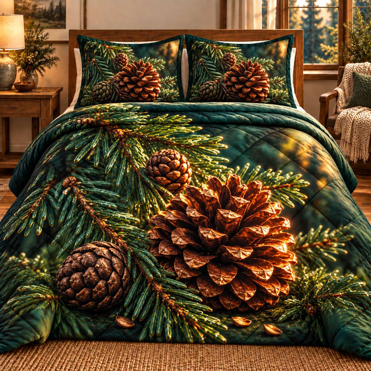 Pinecone Collector Keepsake Quilted Bedding Set with printed optical 3D artwork in its use setting