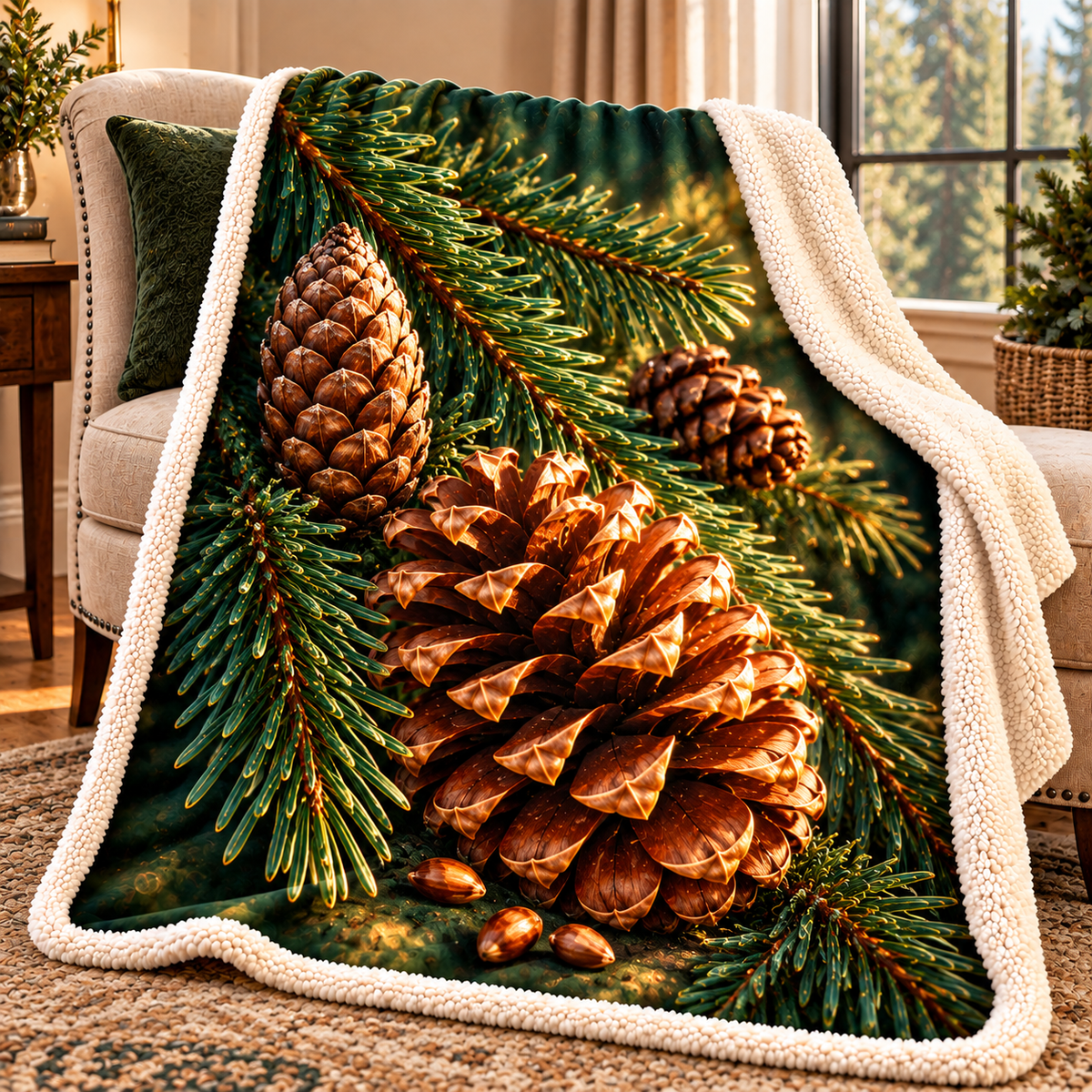 Pinecone Collector Keepsake Sherpa & Fleece Blanket with printed optical 3D artwork in its use setting