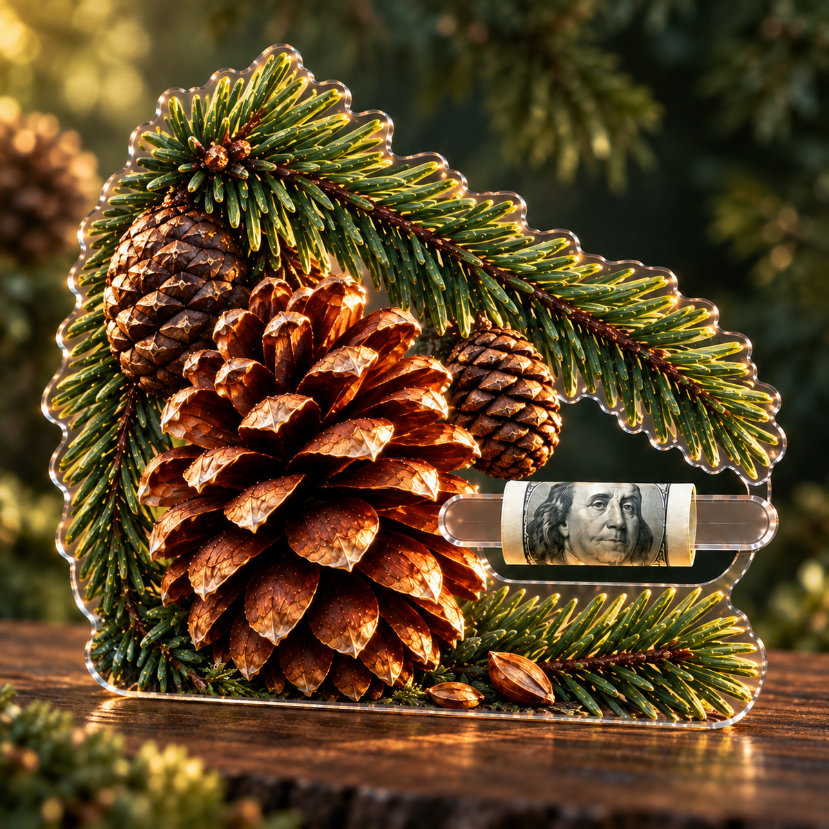 Pinecone Collector Keepsake Acrylic Cash Holder Ornament with printed optical 3D artwork in its use setting