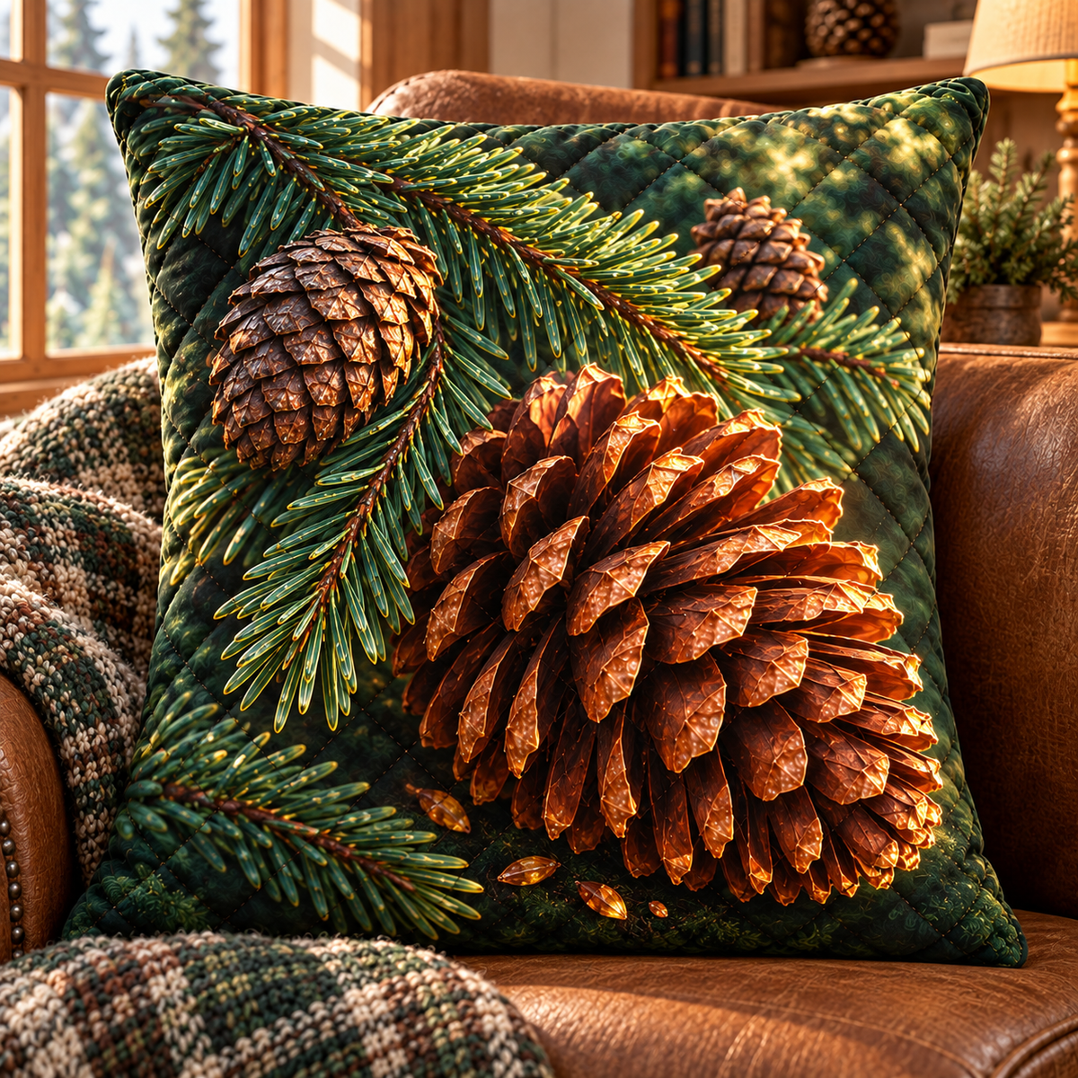 Pinecone Collector Keepsake Quilted Cushion Cover with printed optical 3D artwork in its use setting