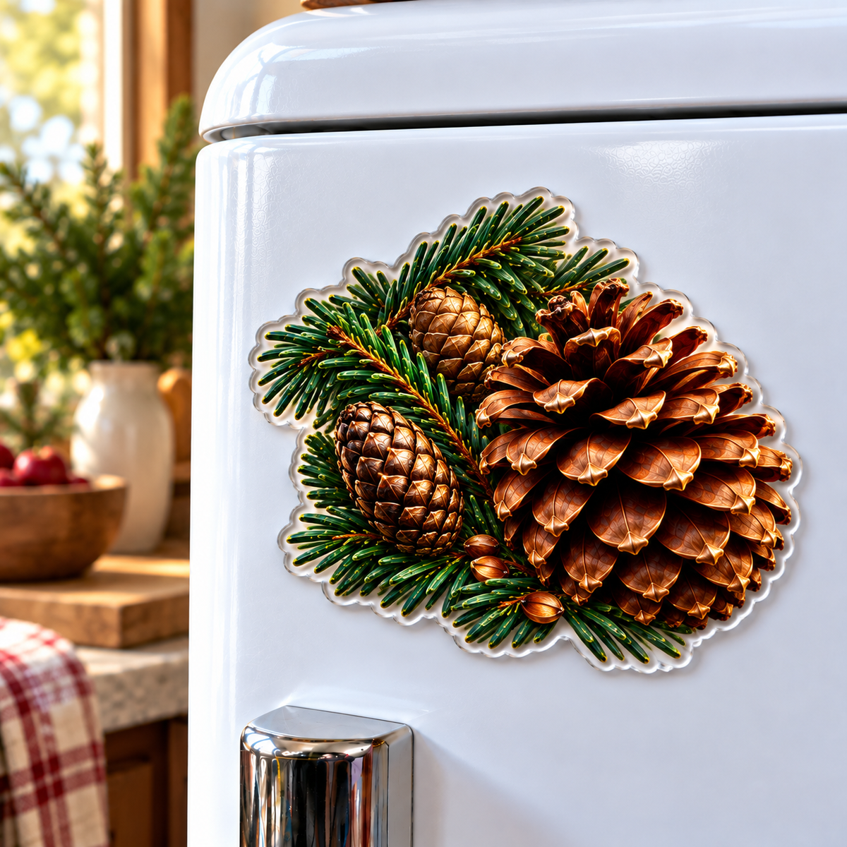 Pinecone Collector Keepsake Acrylic Refrigerator Magnet with printed optical 3D artwork in its use setting