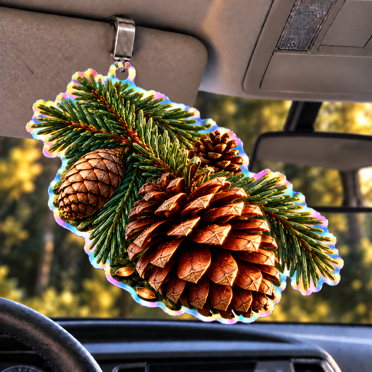 Pinecone Collector Keepsake Holographic Car Visor Clip with printed optical 3D artwork in its use setting