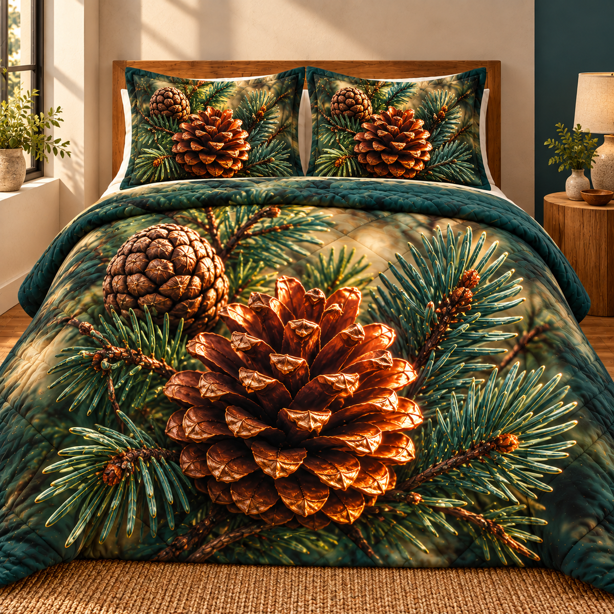 Pinecone Gallery Wall Trio Quilted Bedding Set with printed optical 3D artwork in its use setting