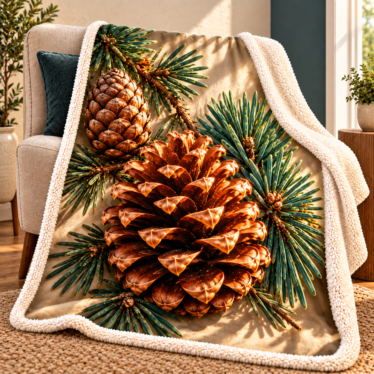 Pinecone Gallery Wall Trio Sherpa & Fleece Blanket with printed optical 3D artwork in its use setting