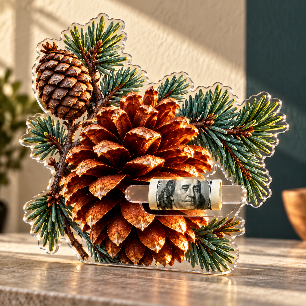 Pinecone Gallery Wall Trio Acrylic Cash Holder Ornament with printed optical 3D artwork in its use setting