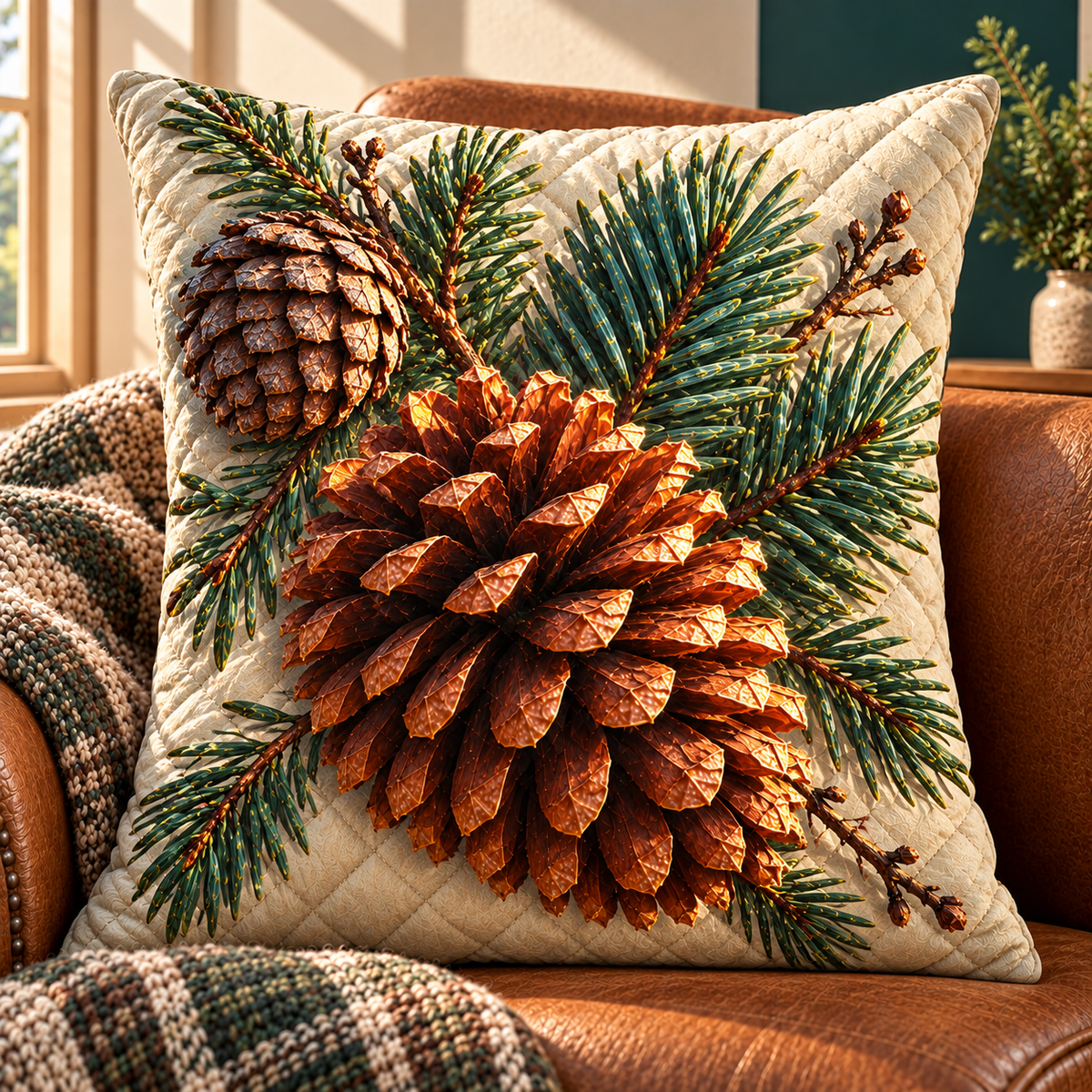 Pinecone Gallery Wall Trio Quilted Cushion Cover with printed optical 3D artwork in its use setting