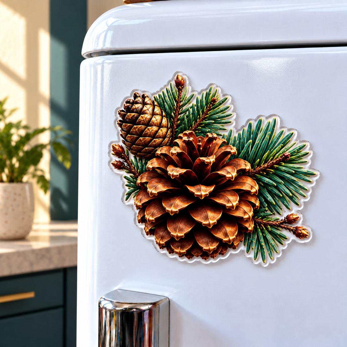 Pinecone Gallery Wall Trio Acrylic Refrigerator Magnet with printed optical 3D artwork in its use setting