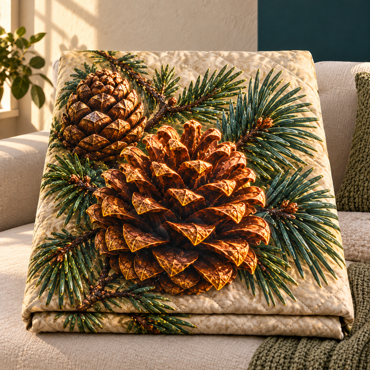 Pinecone Gallery Wall Trio Quilt Blanket with printed optical 3D artwork in its use setting