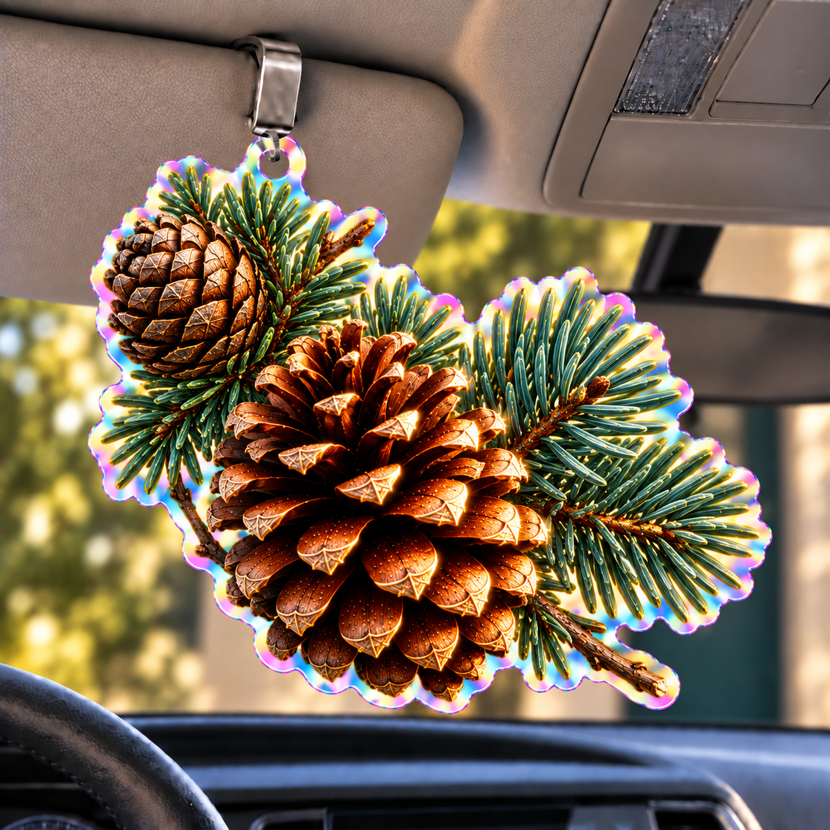 Pinecone Gallery Wall Trio Holographic Car Visor Clip with printed optical 3D artwork in its use setting