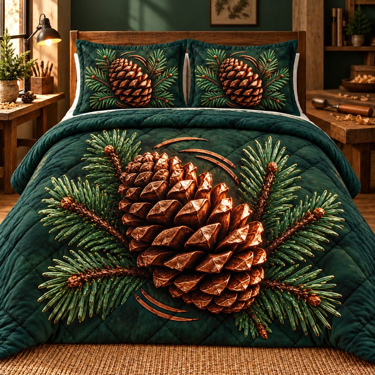 Pinecone Maker Studio Emblem Quilted Bedding Set with printed optical 3D artwork in its use setting