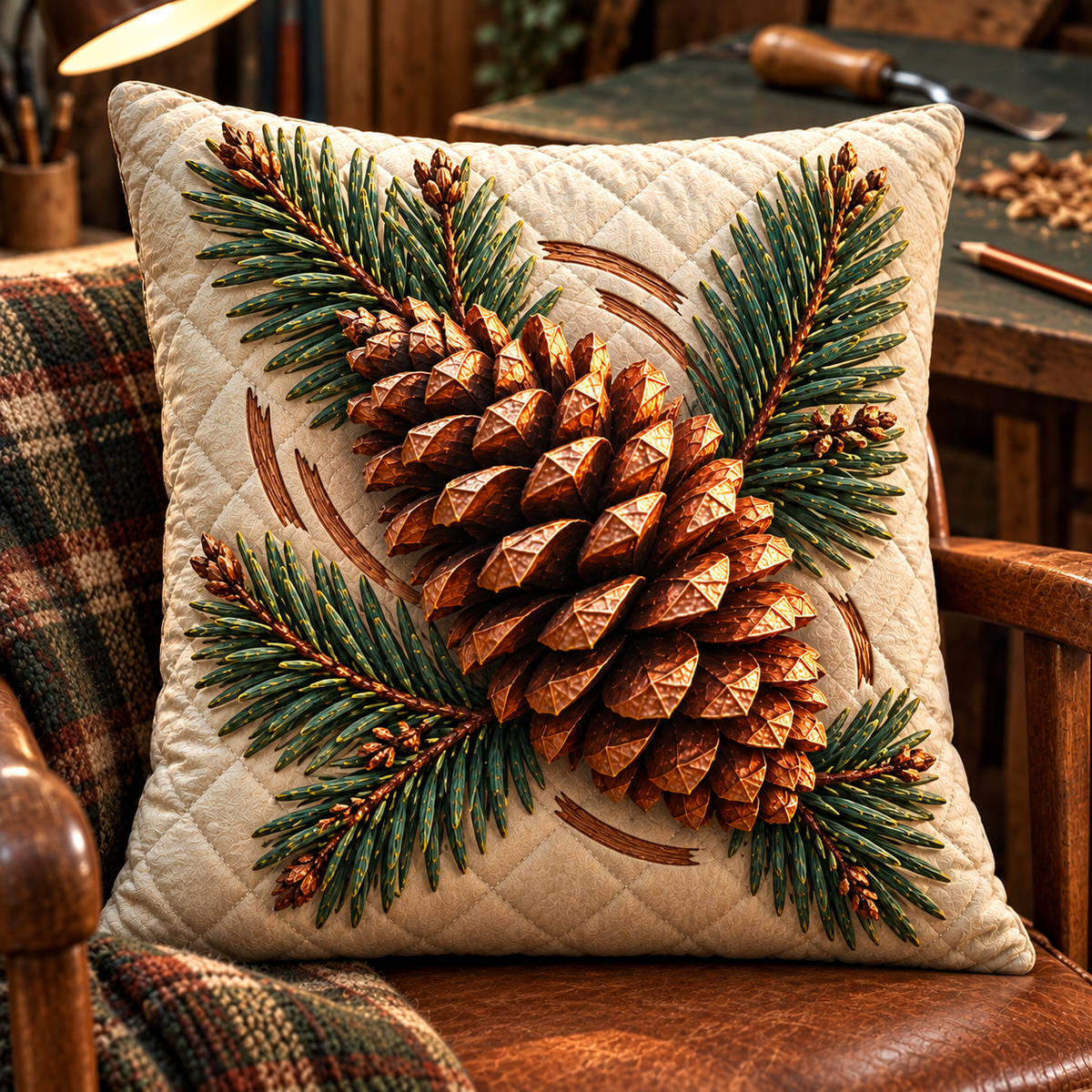 Pinecone Maker Studio Emblem Quilted Cushion Cover with printed optical 3D artwork in its use setting