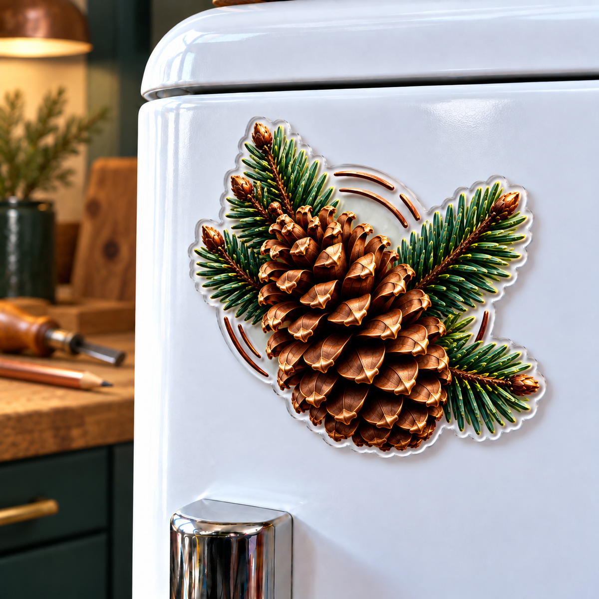 Pinecone Maker Studio Emblem Acrylic Refrigerator Magnet with printed optical 3D artwork in its use setting