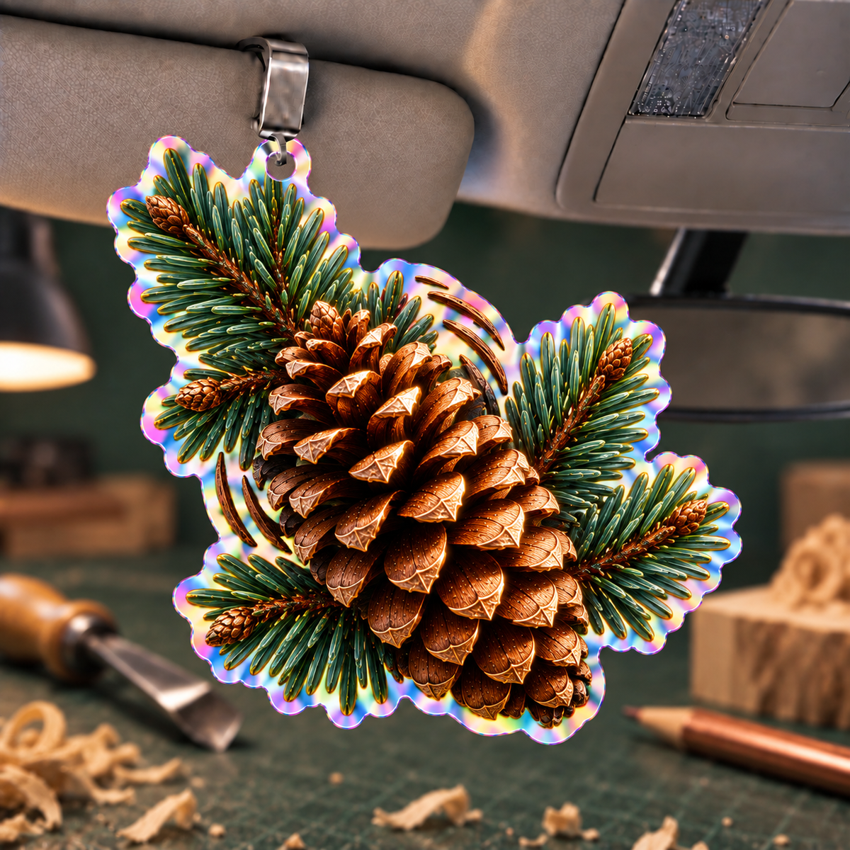 Pinecone Maker Studio Emblem Holographic Car Visor Clip with printed optical 3D artwork in its use setting