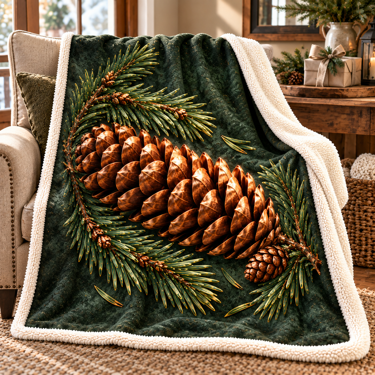 Pinecone & Needle Host Gift Sherpa & Fleece Blanket with printed optical 3D artwork in its use setting