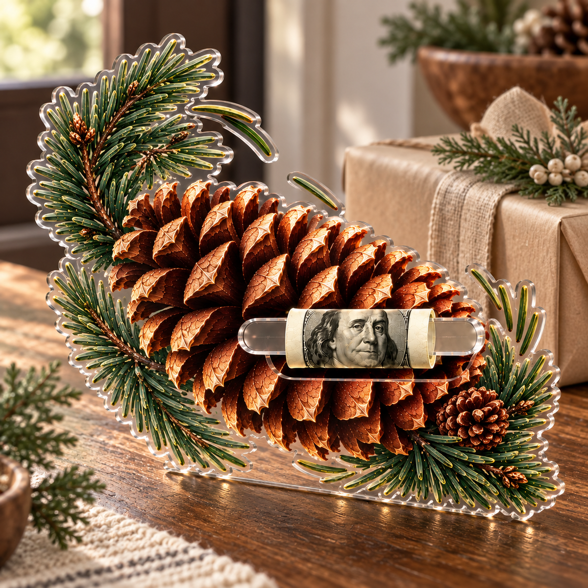 Pinecone & Needle Host Gift Acrylic Cash Holder Ornament with printed optical 3D artwork in its use setting