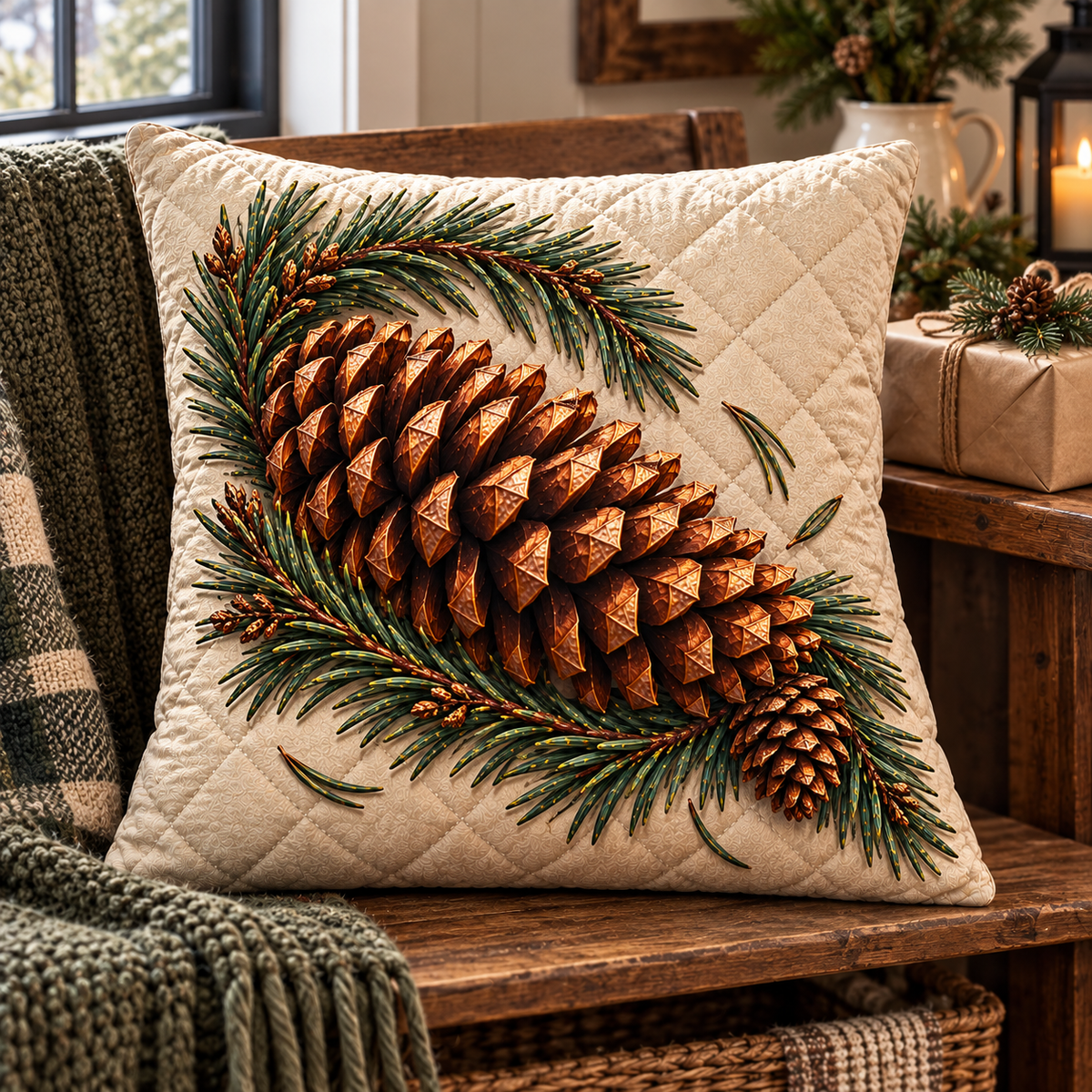 Pinecone & Needle Host Gift Quilted Cushion Cover with printed optical 3D artwork in its use setting
