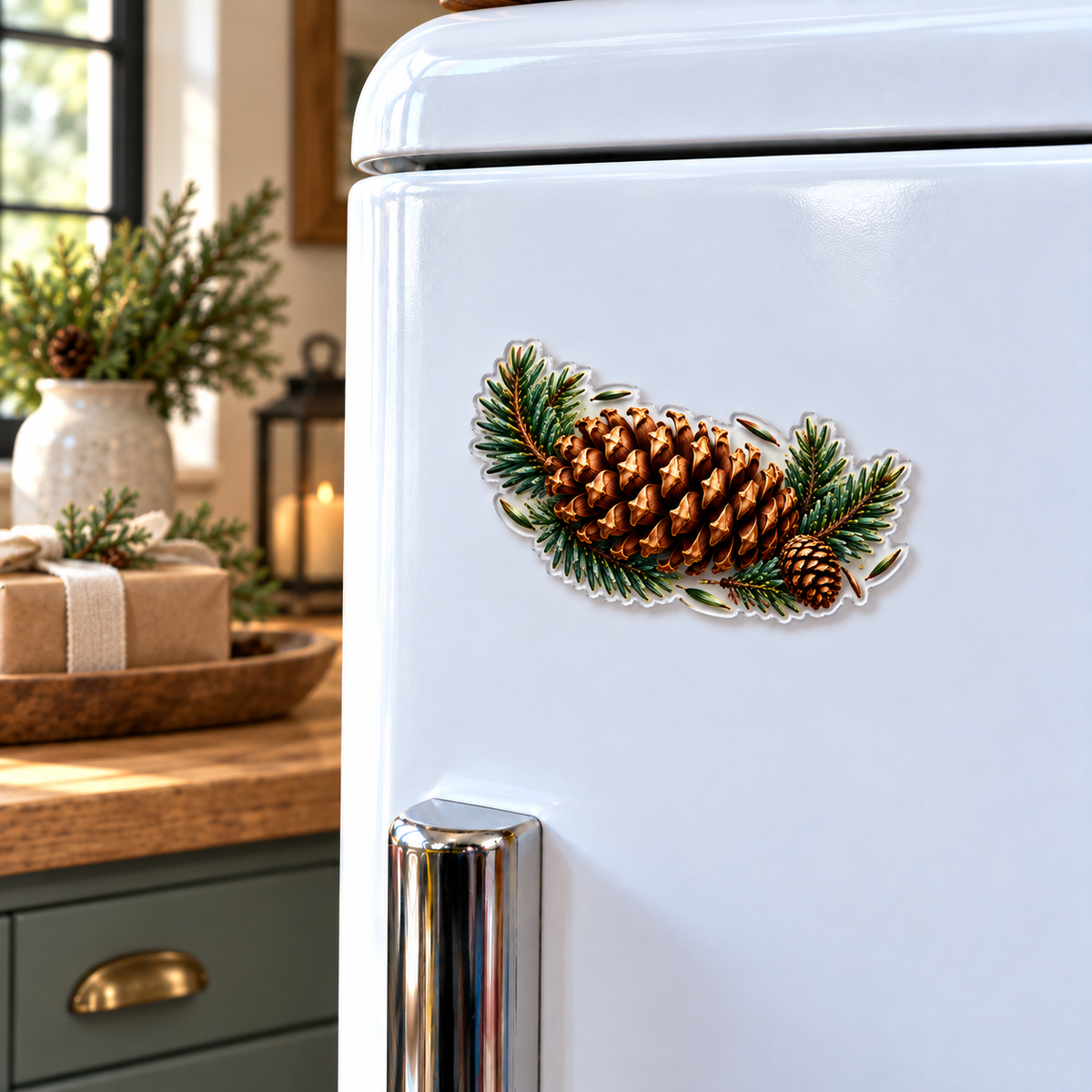 Pinecone & Needle Host Gift Acrylic Refrigerator Magnet with printed optical 3D artwork in its use setting