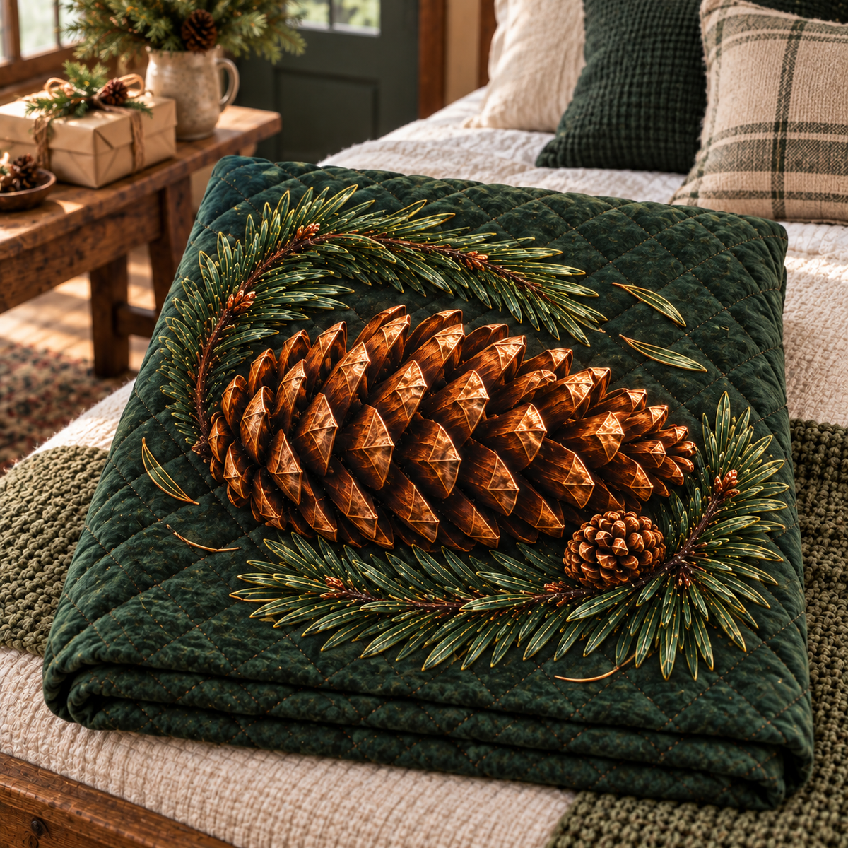 Pinecone & Needle Host Gift Quilt Blanket with printed optical 3D artwork in its use setting