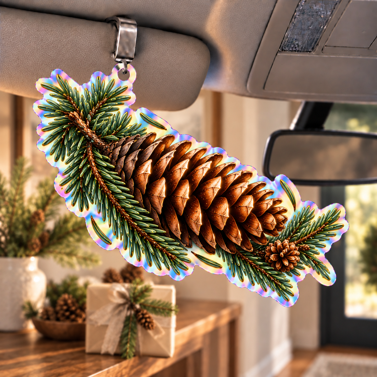 Pinecone & Needle Host Gift Holographic Car Visor Clip with printed optical 3D artwork in its use setting
