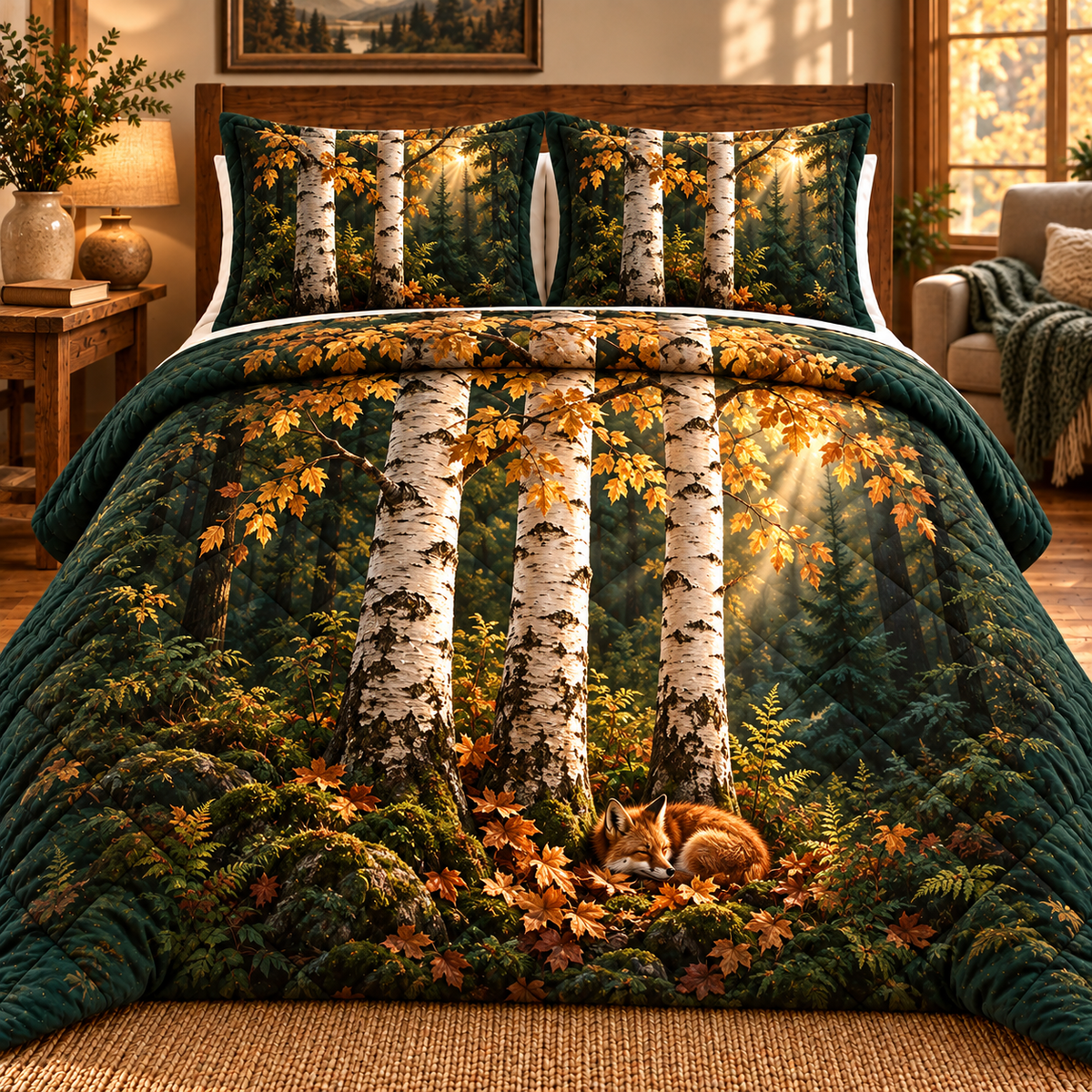 Birch Grove Reading Nook Quilted Bedding Set with printed optical 3D artwork in its use setting