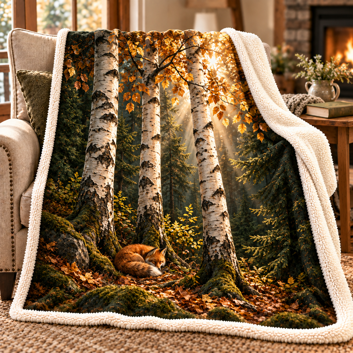 Birch Grove Reading Nook Sherpa & Fleece Blanket with printed optical 3D artwork in its use setting