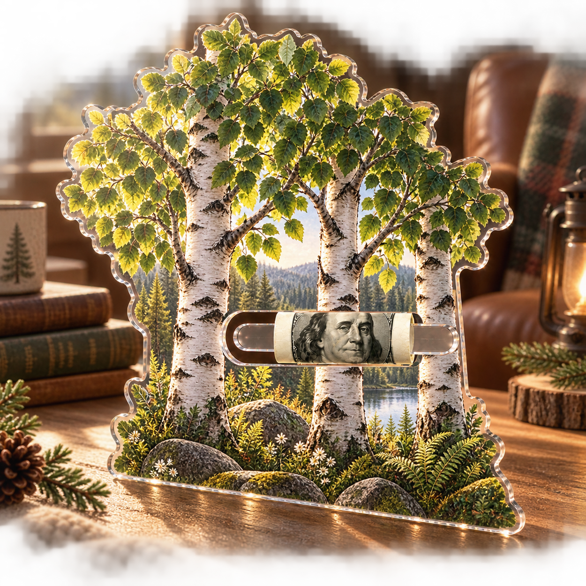Birch Grove Reading Nook Acrylic Cash Holder Ornament with printed optical 3D artwork in its use setting