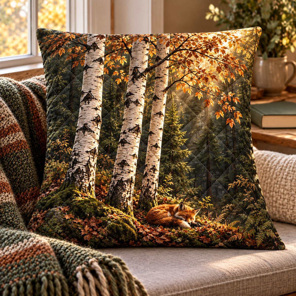 Birch Grove Reading Nook Quilted Cushion Cover with printed optical 3D artwork in its use setting