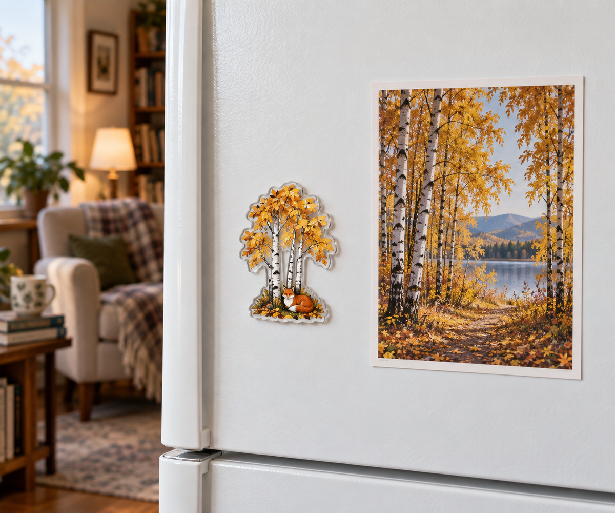 Birch Grove Reading Nook Acrylic Refrigerator Magnet with printed optical 3D artwork in its use setting