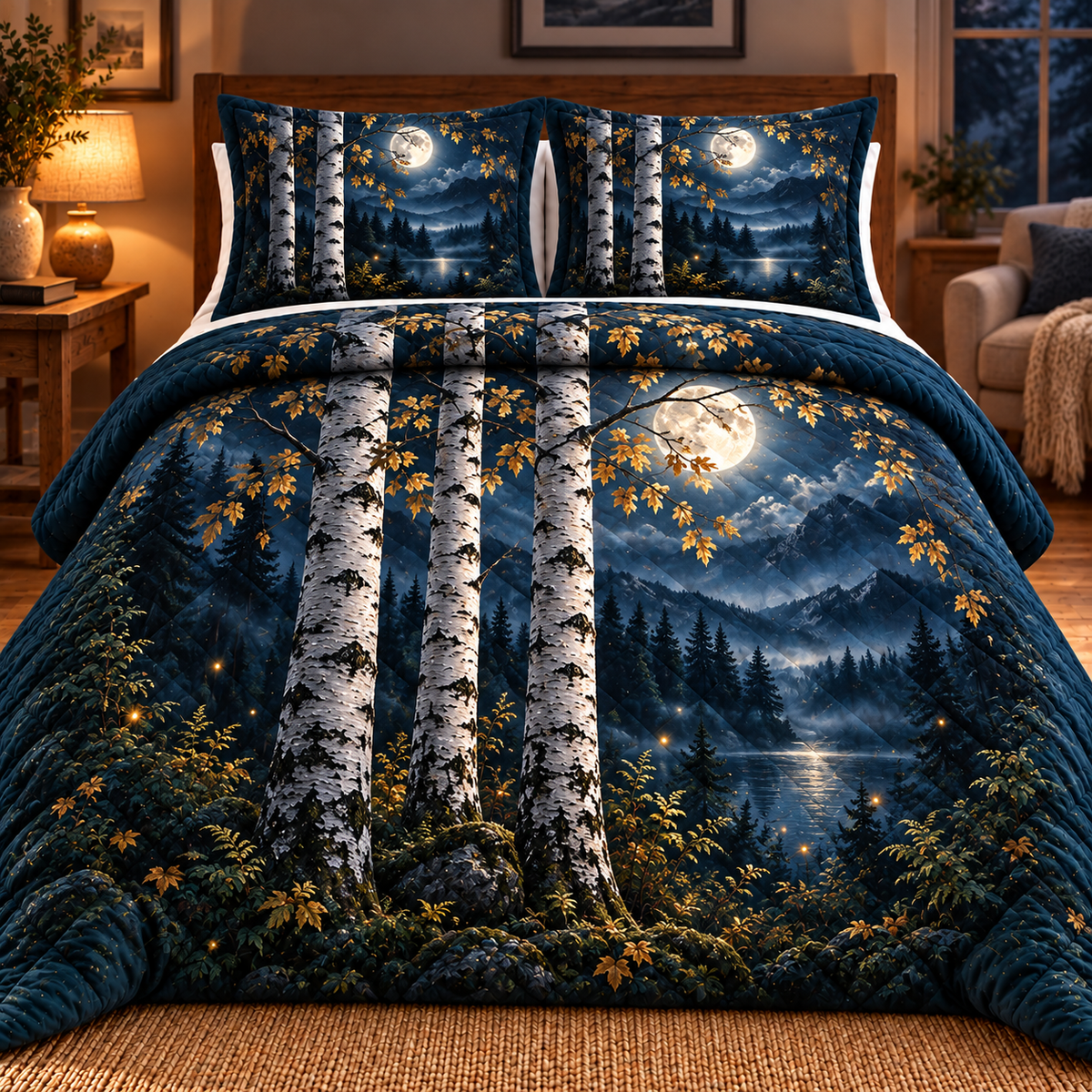Moonlit Birch Bedroom Quilted Bedding Set with printed optical 3D artwork in its use setting