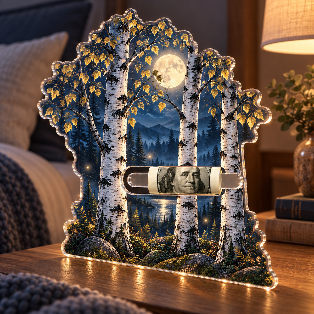 Moonlit Birch Bedroom Acrylic Cash Holder Ornament with printed optical 3D artwork in its use setting