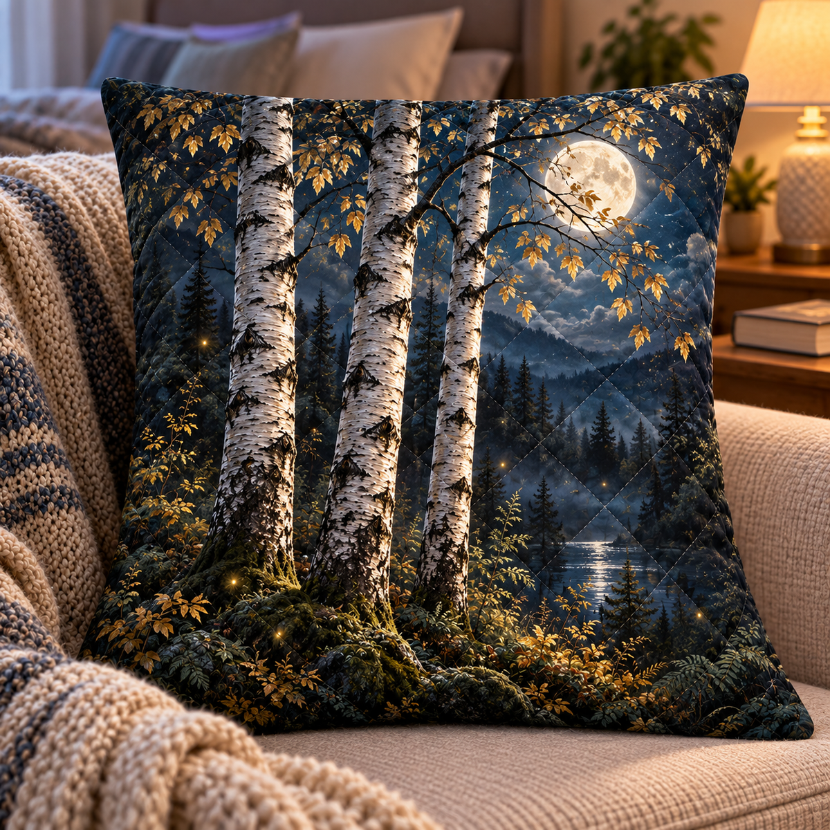 Moonlit Birch Bedroom Quilted Cushion Cover with printed optical 3D artwork in its use setting