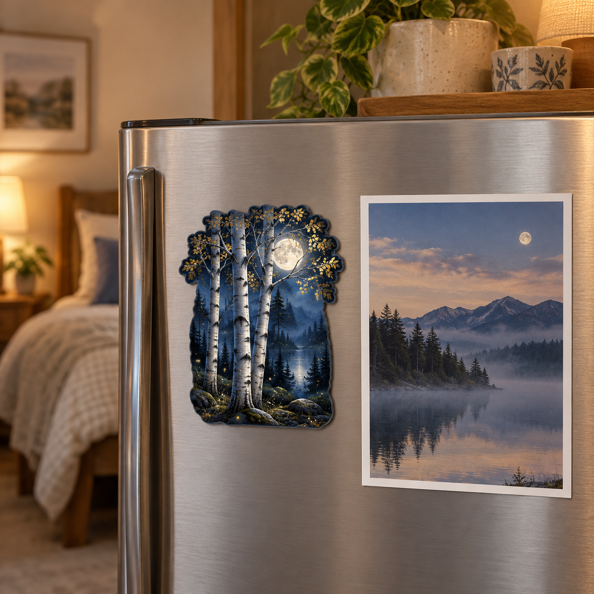 Moonlit Birch Bedroom Acrylic Refrigerator Magnet with printed optical 3D artwork in its use setting