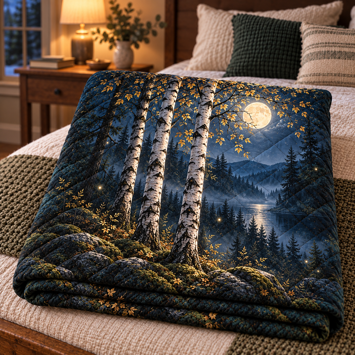 Moonlit Birch Bedroom Quilt Blanket with printed optical 3D artwork in its use setting