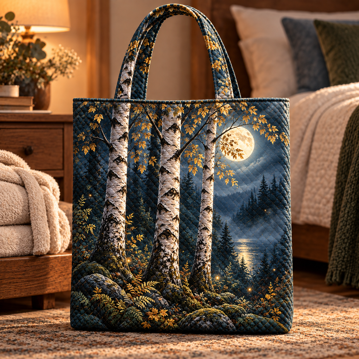Moonlit Birch Bedroom Quilted Tote Bag with printed optical 3D artwork in its use setting