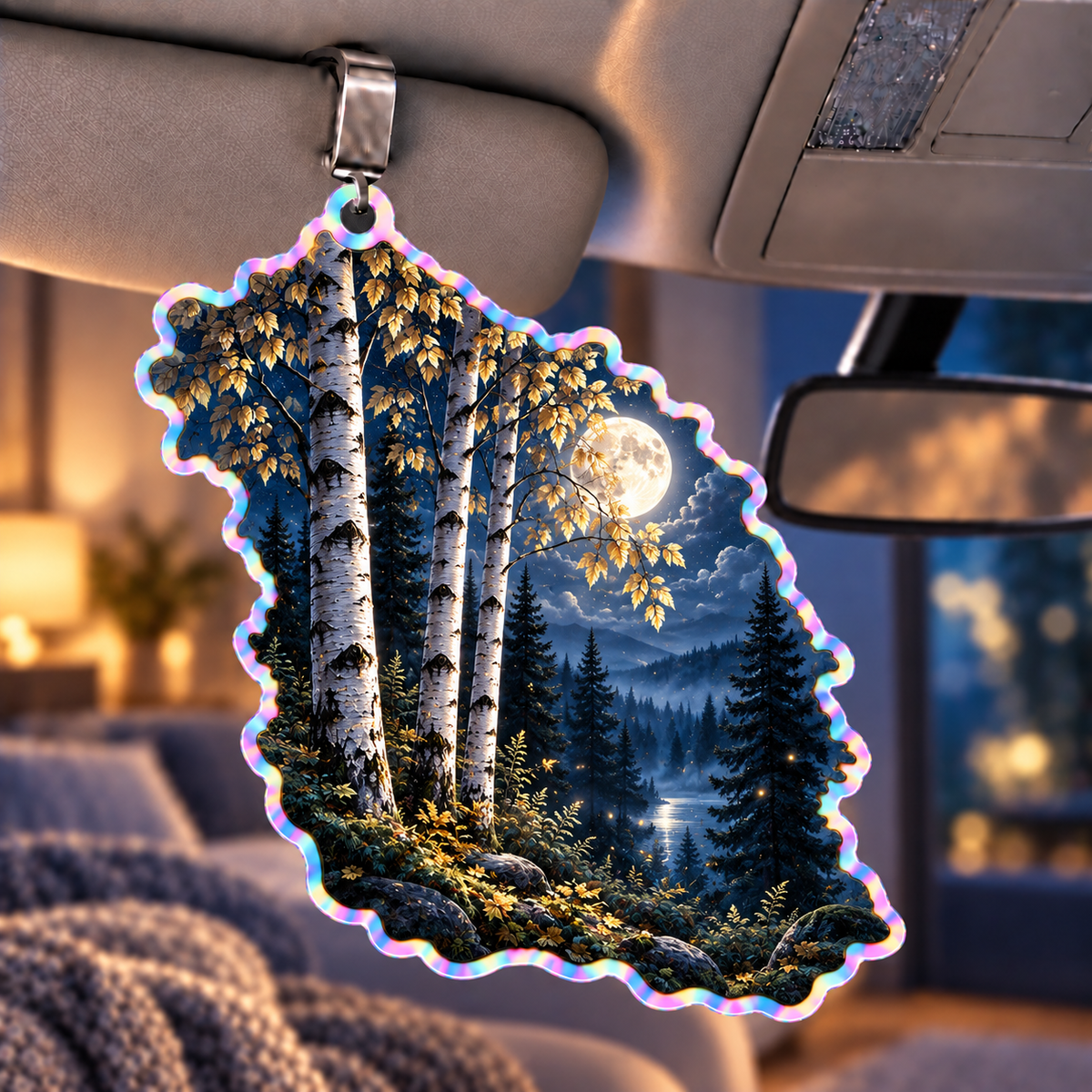 Moonlit Birch Bedroom Holographic Car Visor Clip with printed optical 3D artwork in its use setting