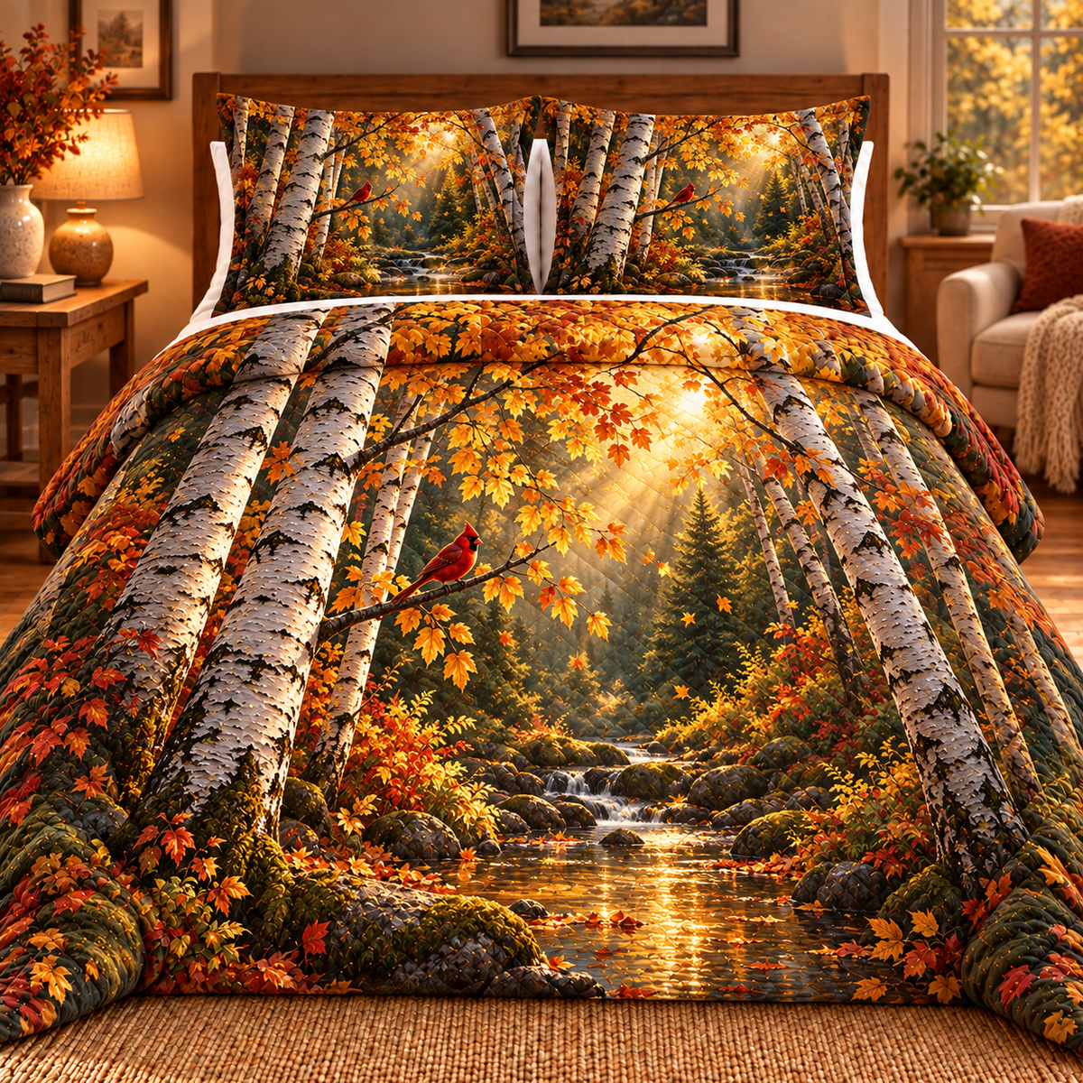 Golden Birch Living Room Focal Quilted Bedding Set with printed optical 3D artwork in its use setting