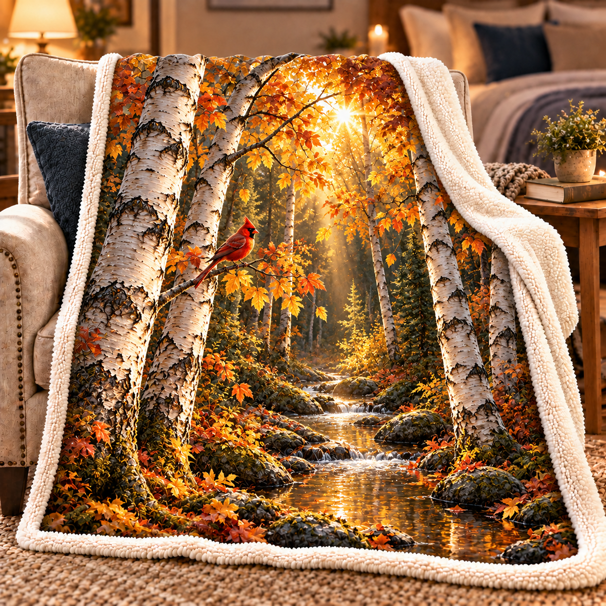 Golden Birch Living Room Focal Sherpa & Fleece Blanket with printed optical 3D artwork in its use setting