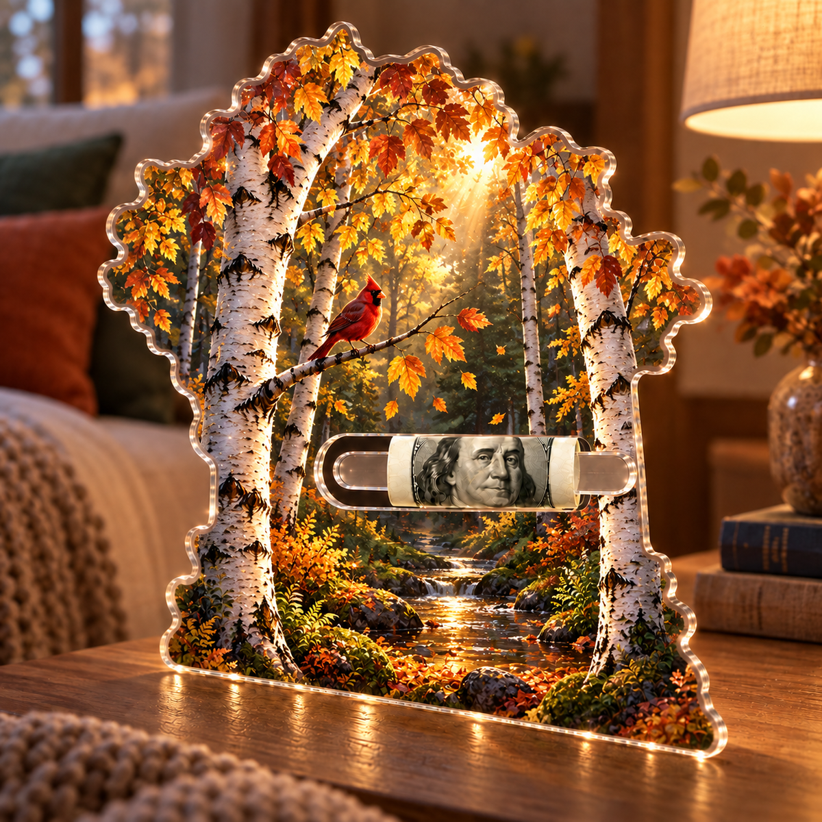 Golden Birch Living Room Focal Acrylic Cash Holder Ornament with printed optical 3D artwork in its use setting