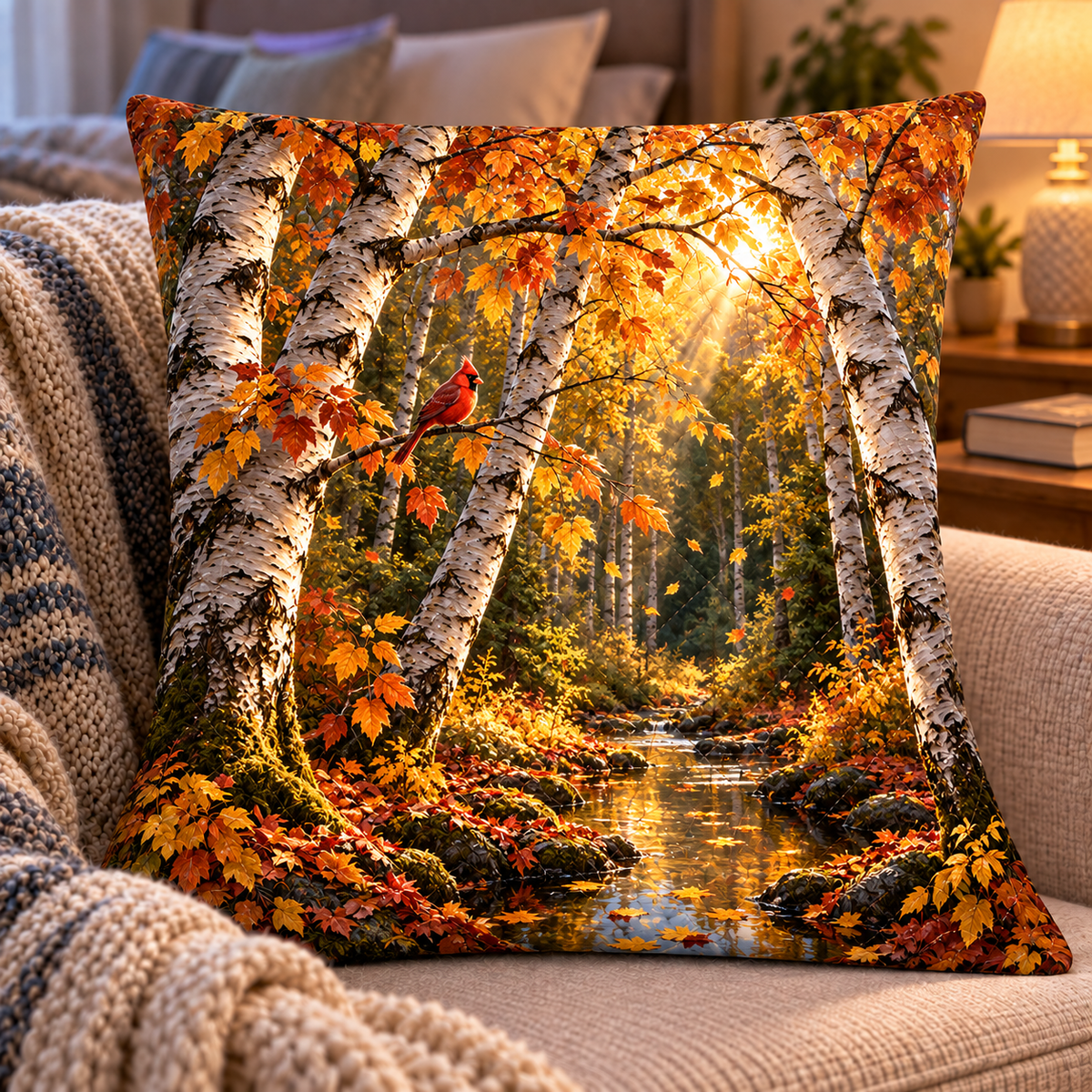 Golden Birch Living Room Focal Quilted Cushion Cover with printed optical 3D artwork in its use setting