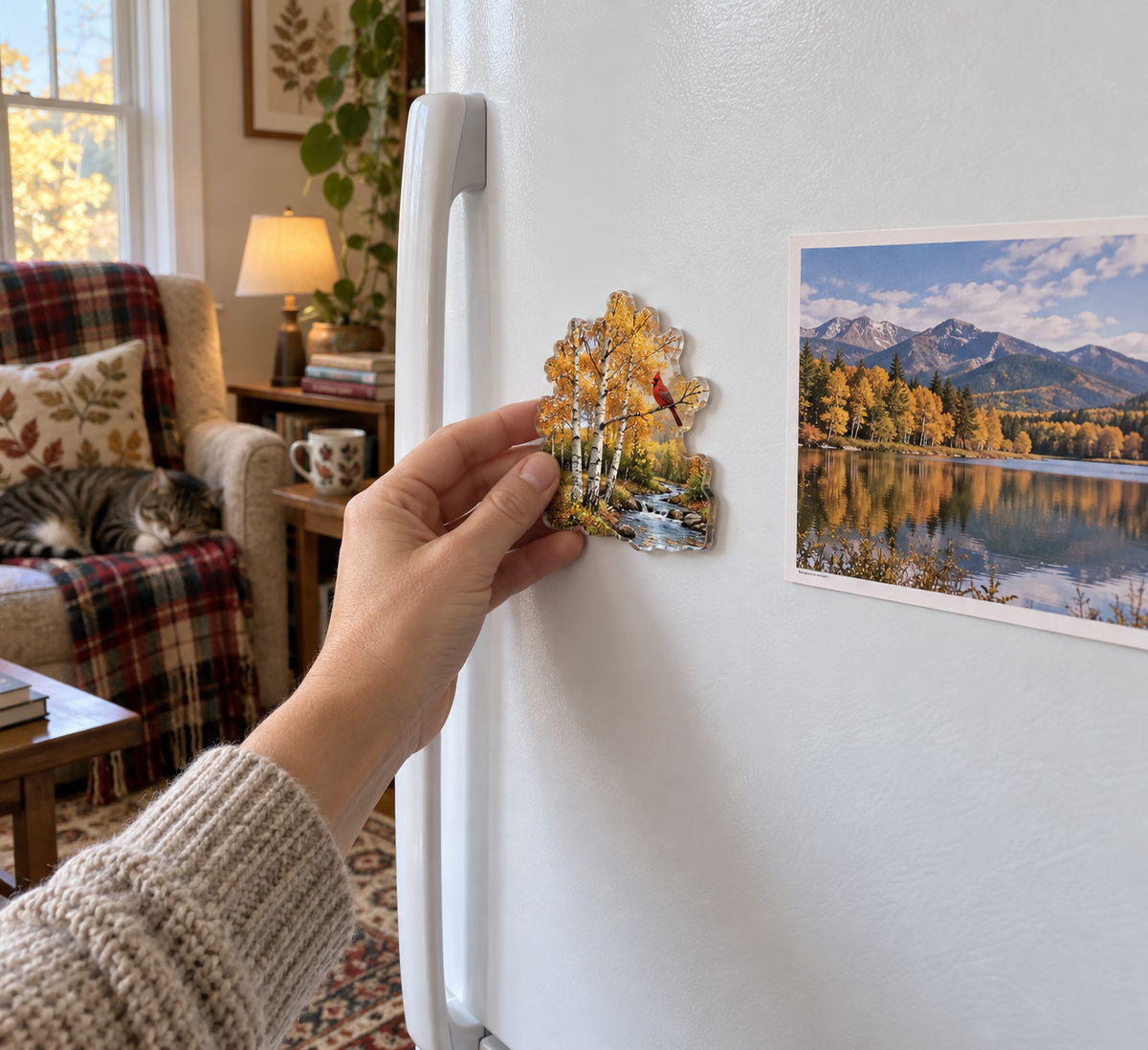 Golden Birch Living Room Focal Acrylic Refrigerator Magnet with printed optical 3D artwork in its use setting