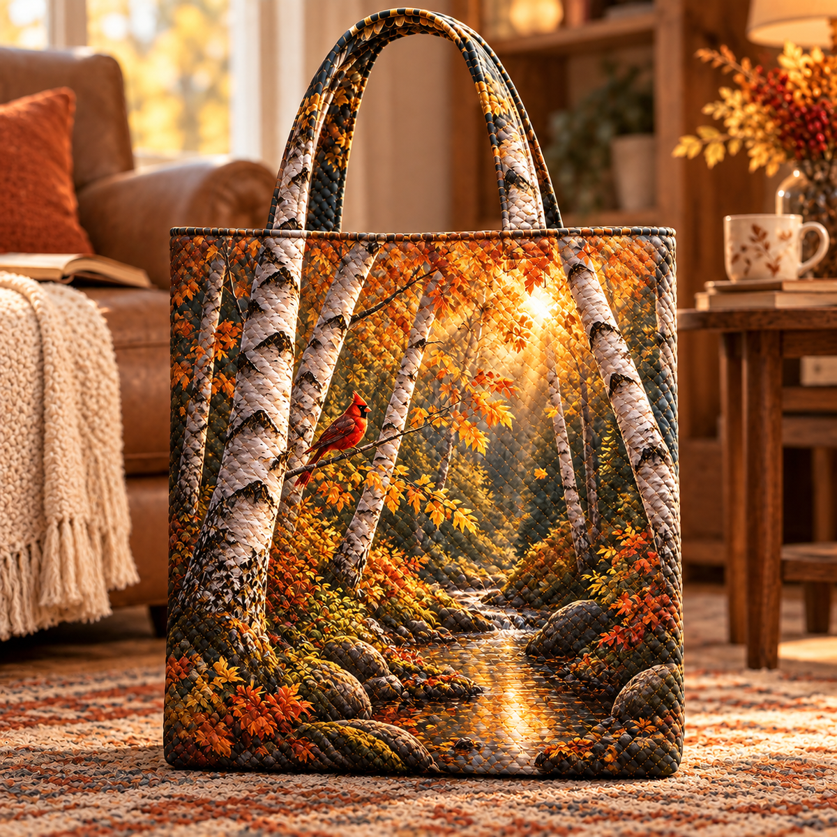 Golden Birch Living Room Focal Quilted Tote Bag with printed optical 3D artwork in its use setting