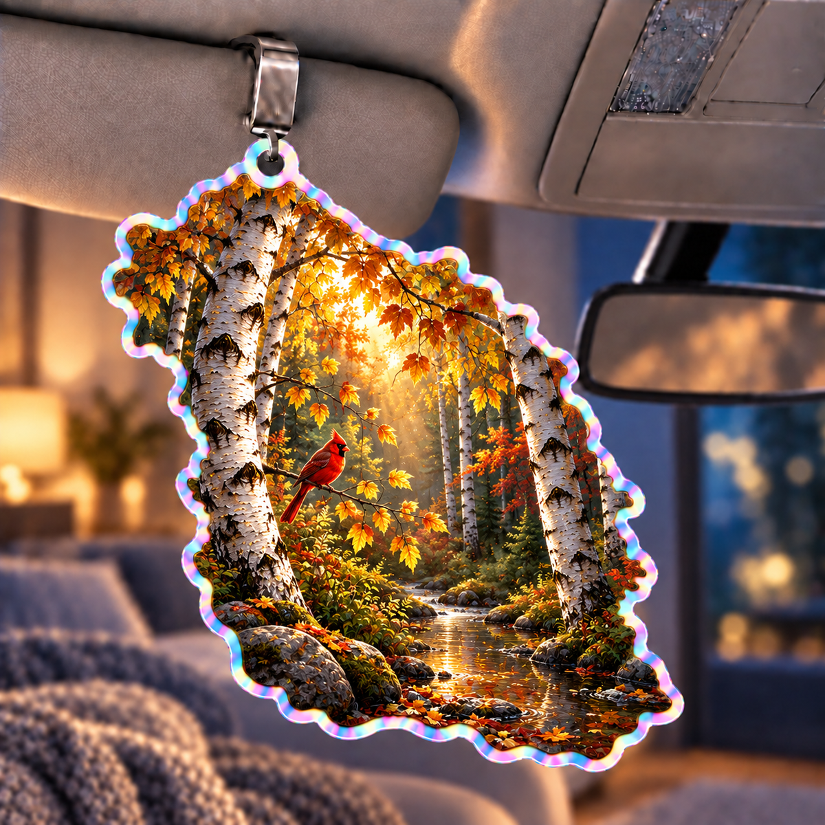 Golden Birch Living Room Focal Holographic Car Visor Clip with printed optical 3D artwork in its use setting